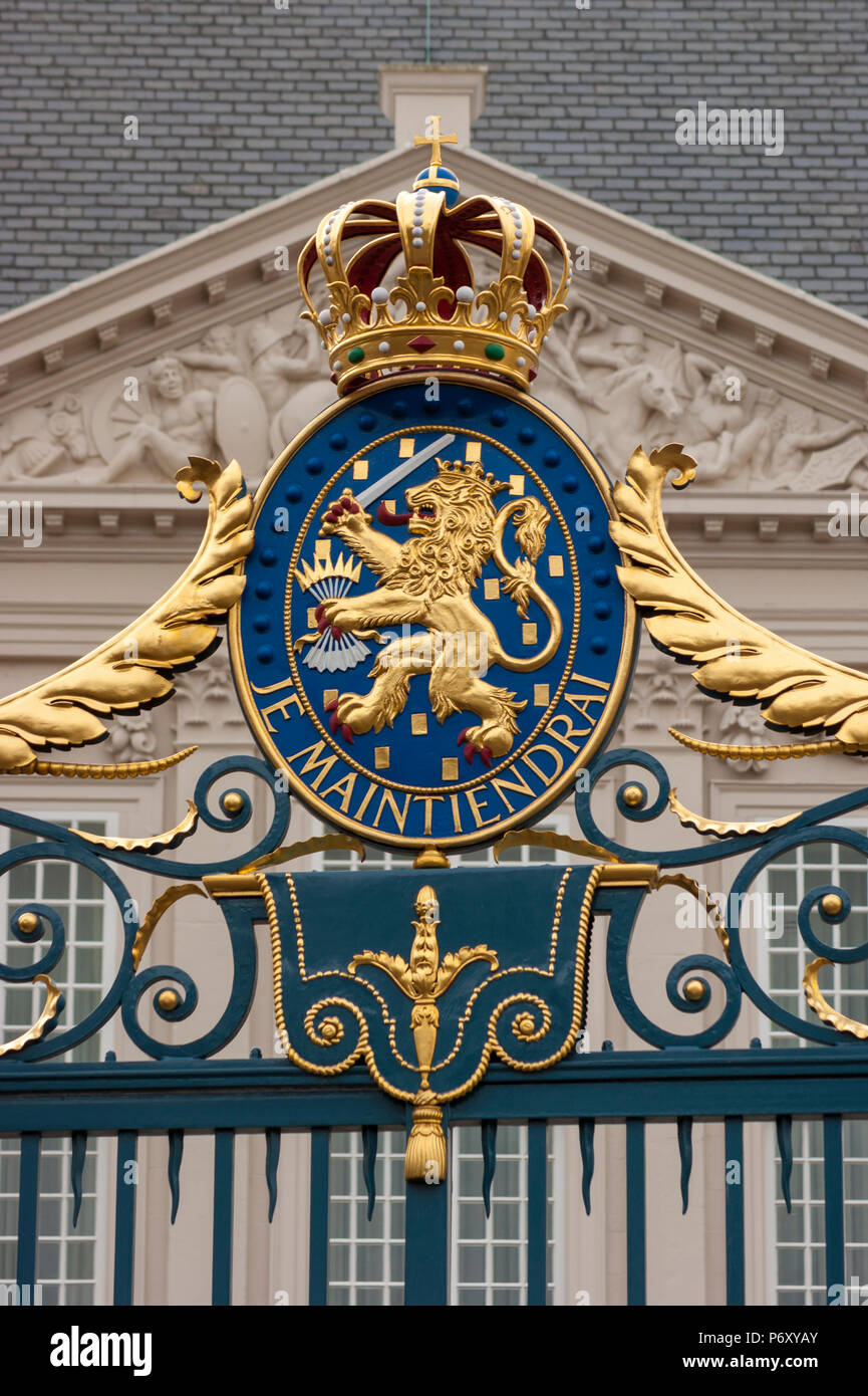 The Royal Coat of Arms on the Gate of the Noordeinde Palace in the Hague Stock Photo