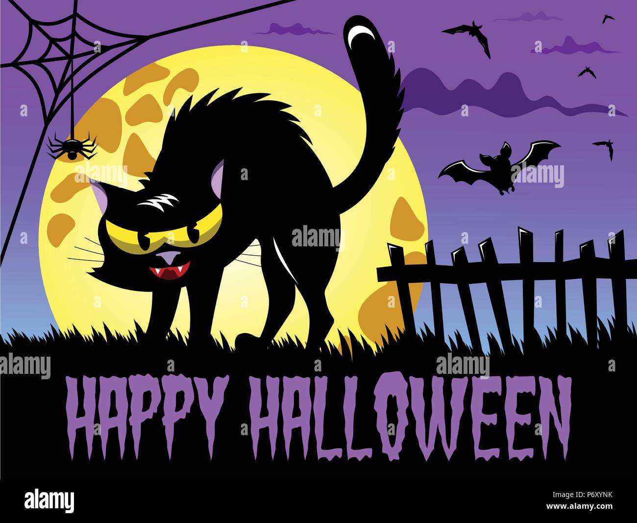 Happy Halloween background featuring angry demonic cat against big full moon Stock Vector