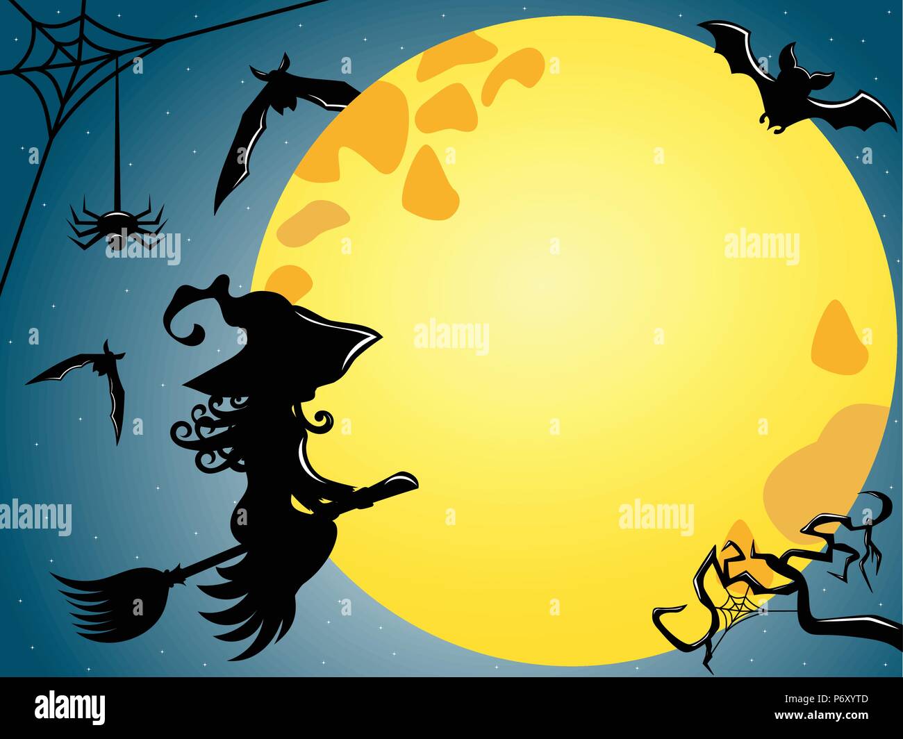 Silhouette of young witch flying on a broom against full moon copy ...