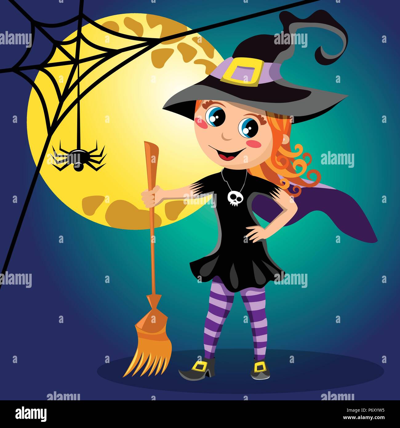 Kid In Witch Halloween Costume Against Full Moon Stock Vector Image Art Alamy