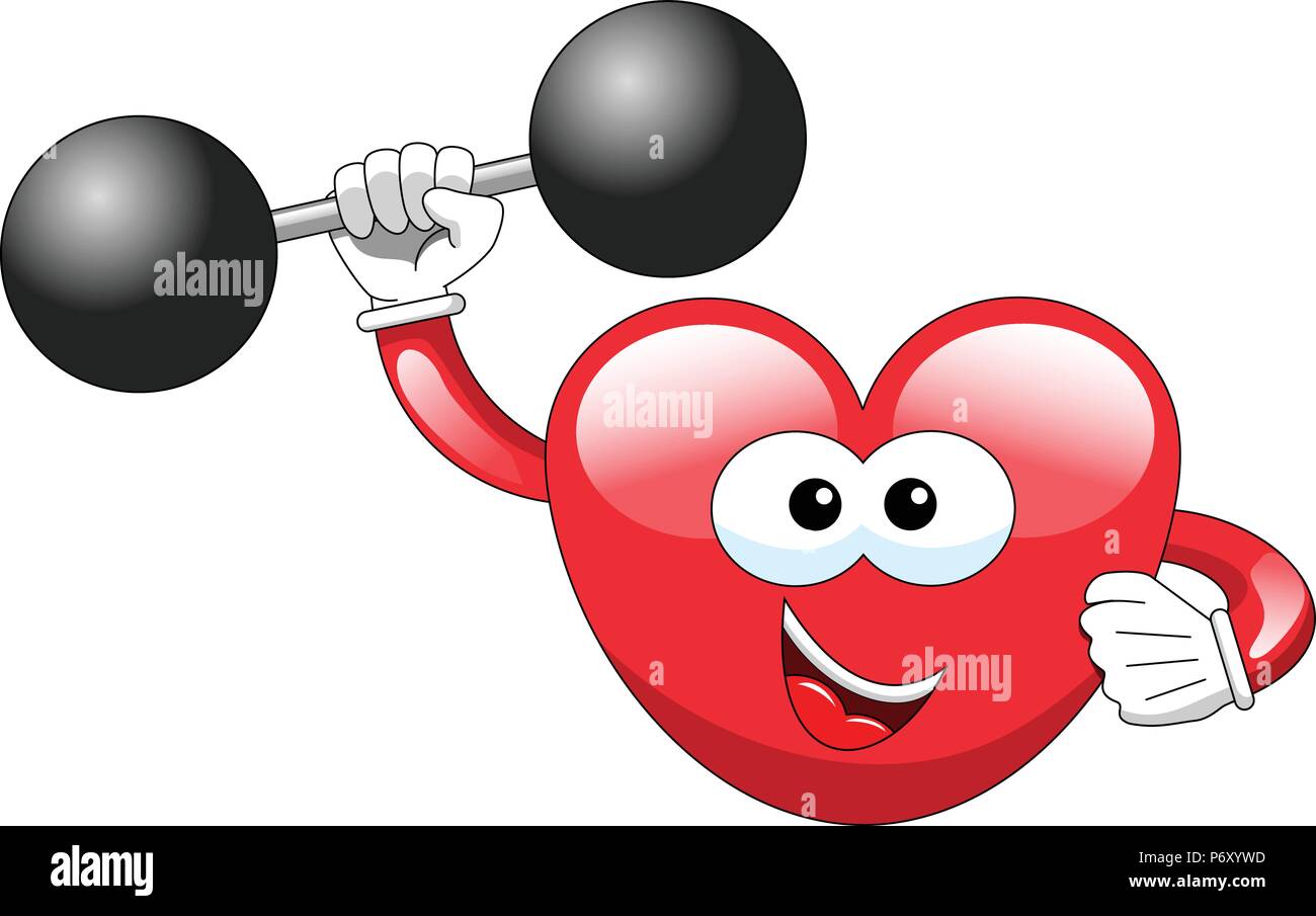 Cartoon heart weightlifter lifting cartoon weights isolated Stock