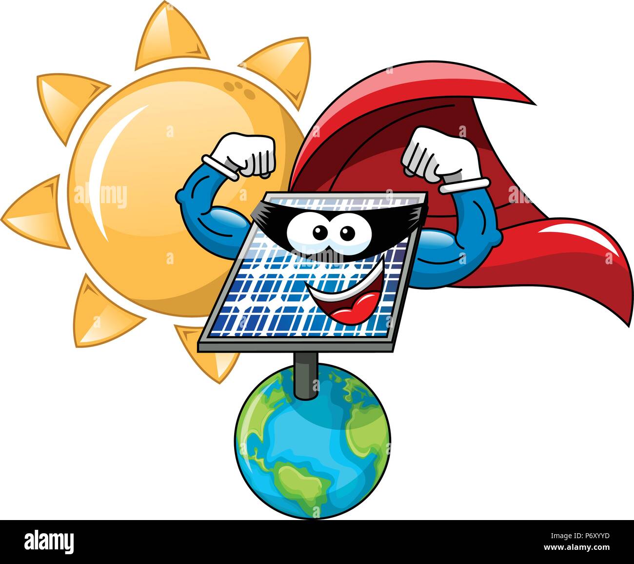 Cartoon Sun and superhero solar panel standing on Earth isolated Stock Vector