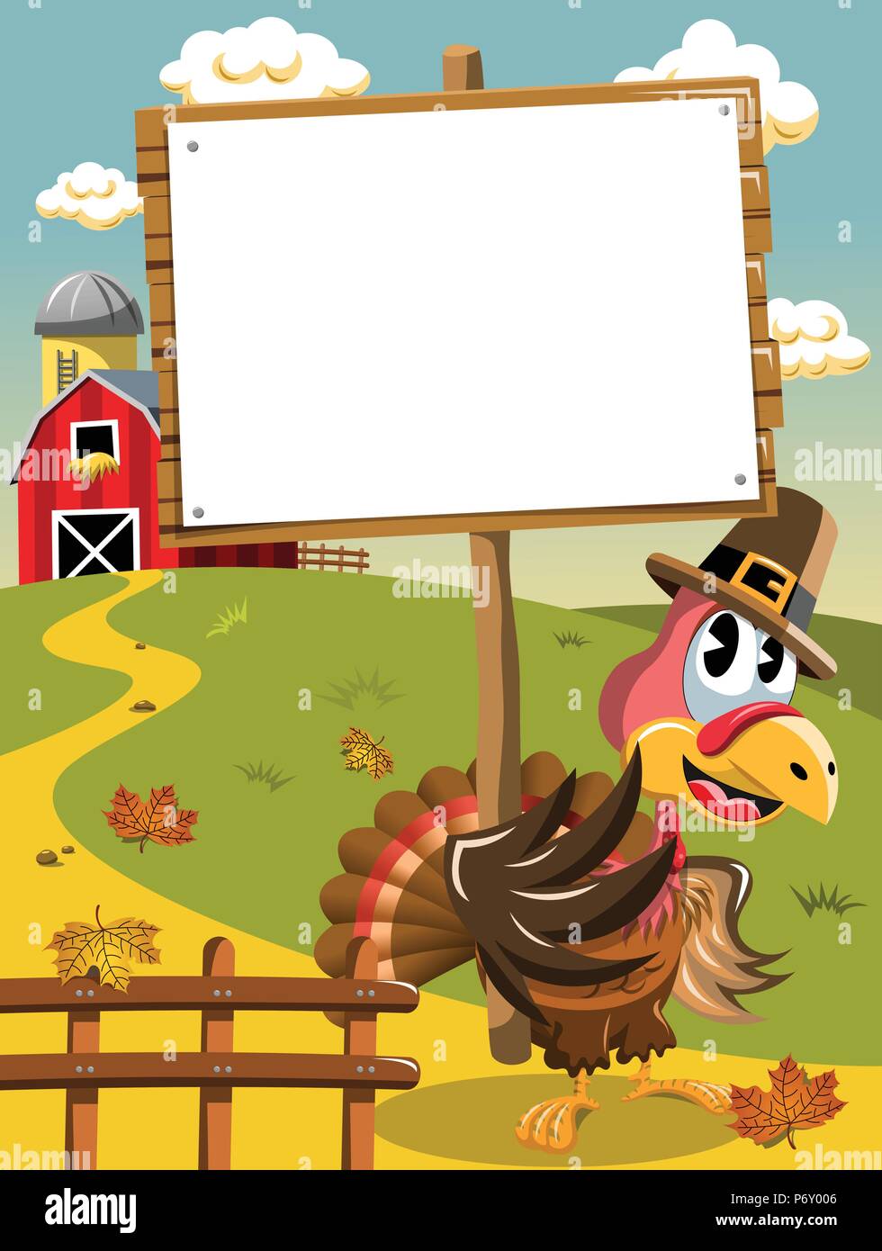 Thanksgiving Day Pilgrim Turkey Holding Blank Wooden Banner Stock