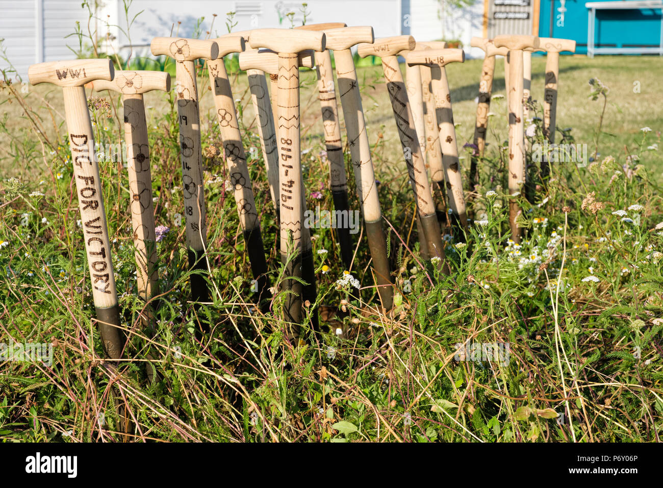 RHS Hampton Court Palace Flower Show, 2018. World War 1 'Lest we forget' garden remembers the produce grown by soldiers. Designer Steve Mann Stock Photo