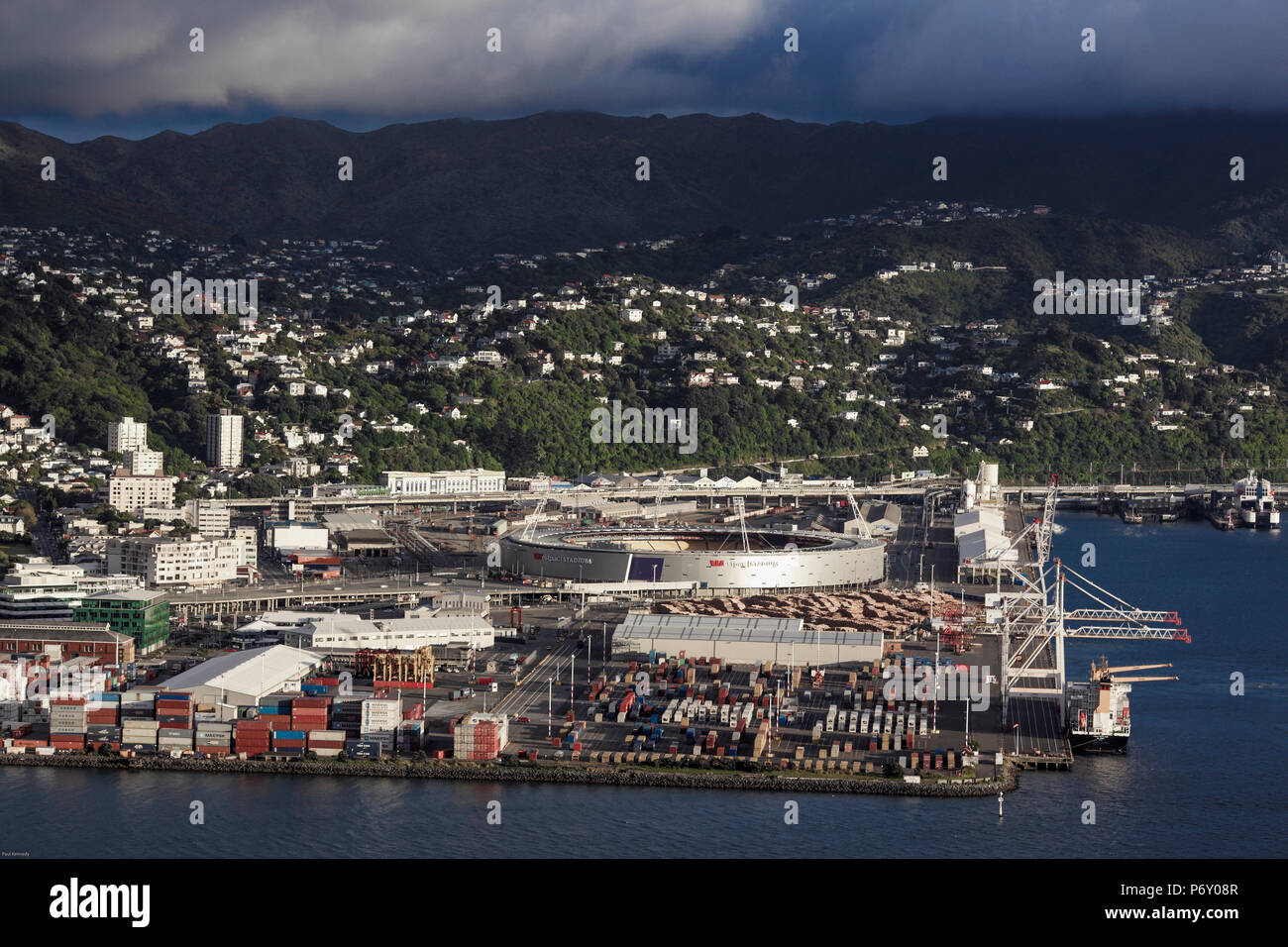 View of port and Sky Stadium in Wellington Harbour, New Zealand Stock Photo