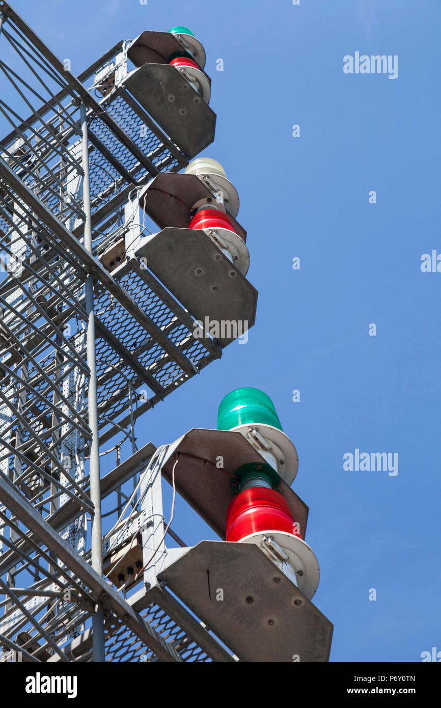 A close up of the the green and red lights on the warning lighthouse at  Victoria Harbour at the Headland,Hartlepool,England,UK Stock Photo