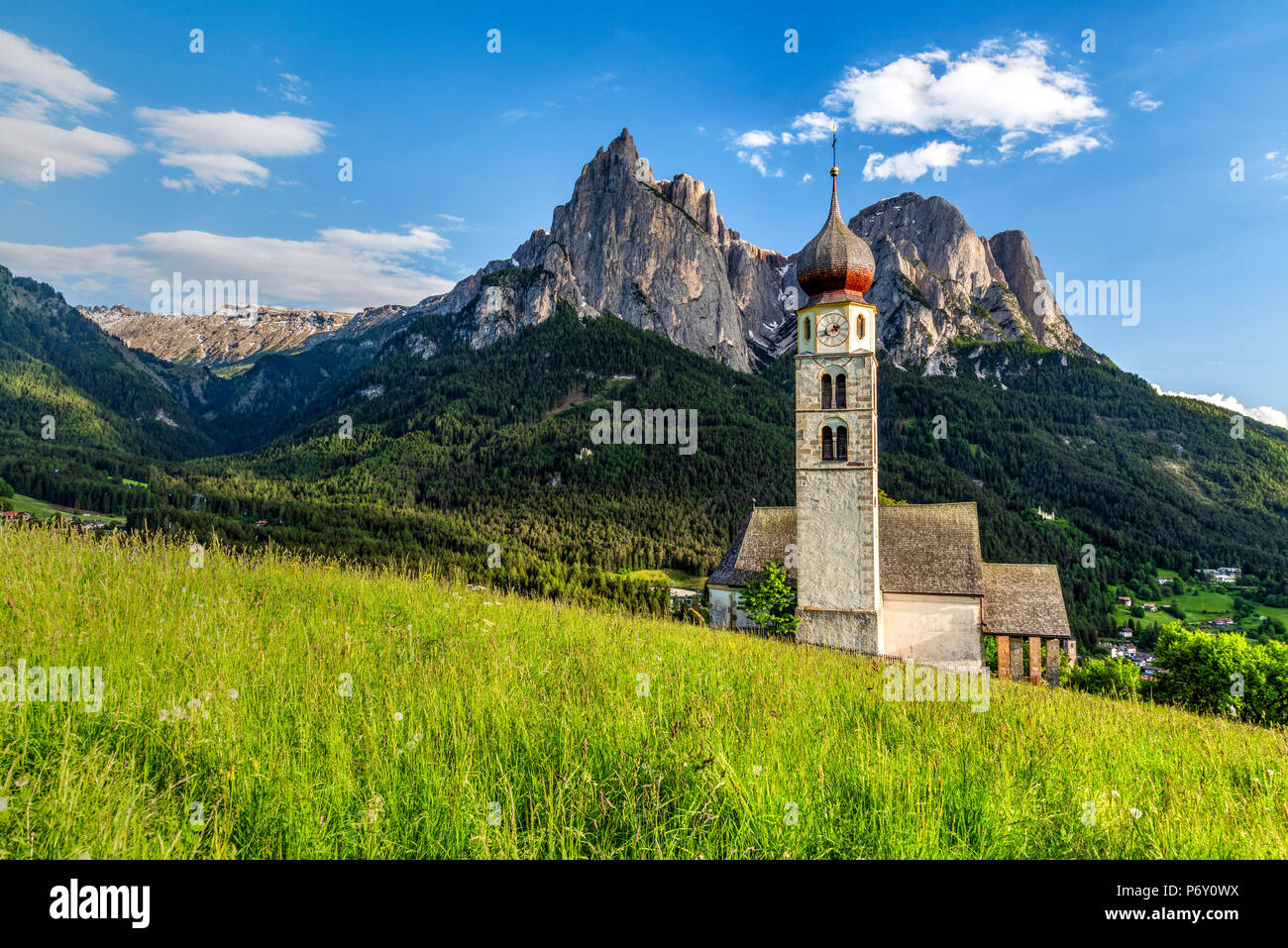 St. Valentin church, Castelrotto - Kastelruth, Trentino Alto Adige - South Tyrol, Italy Stock Photo