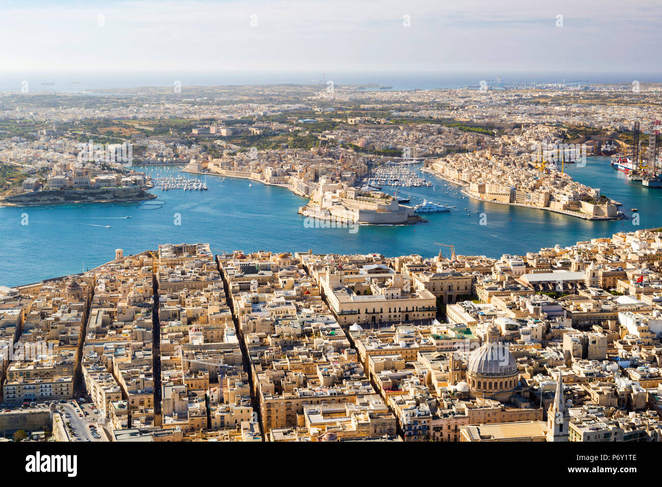 Malta, South Eastern Region, Valletta. Aerial view of Valletta, Grand Harbour and the Three Cities. Stock Photo
