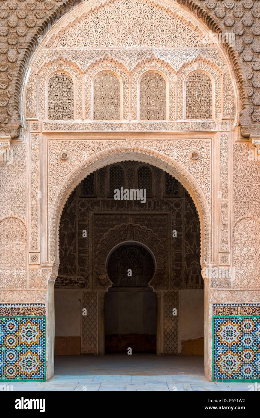 Morocco, Marrakech-Safi (Marrakesh-Tensift-El Haouz) region, Marrakesh. Ben Youssef Madrasa, 16th century Islamic college. Stock Photo