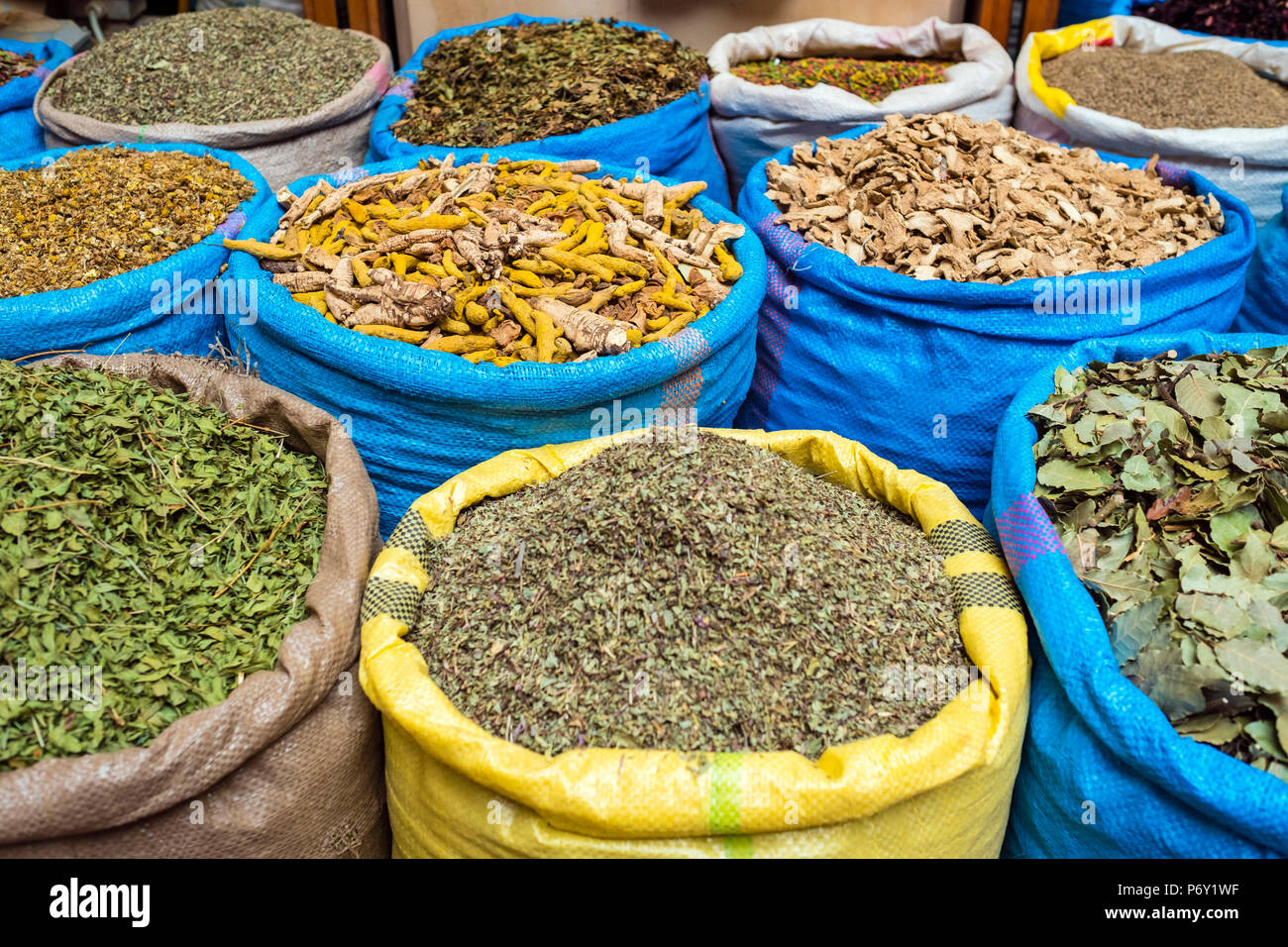 Morocco, Marrakech-Safi (Marrakesh-Tensift-El Haouz) region, Marrakesh. Dried herbs and spices for sale in the Mellah spice market. Stock Photo