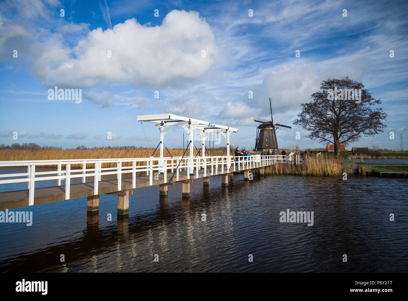 Netherlands, Kinderdijk, Traditional Dutch windmills and bridge Stock Photo