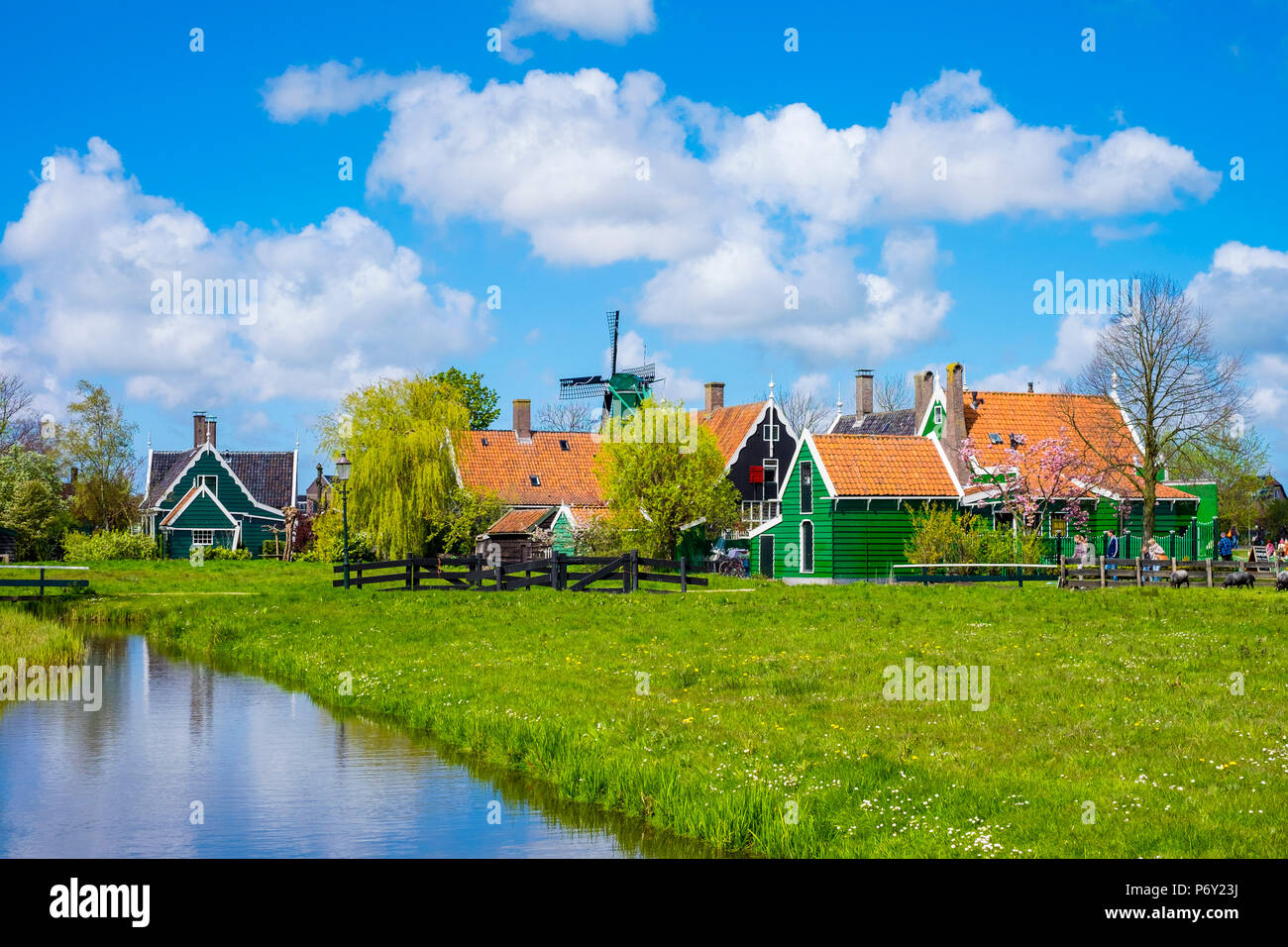 Netherlands, North Holland, Zaandam. Historic windmills and houses in the village of Zaanse Schans. Stock Photo