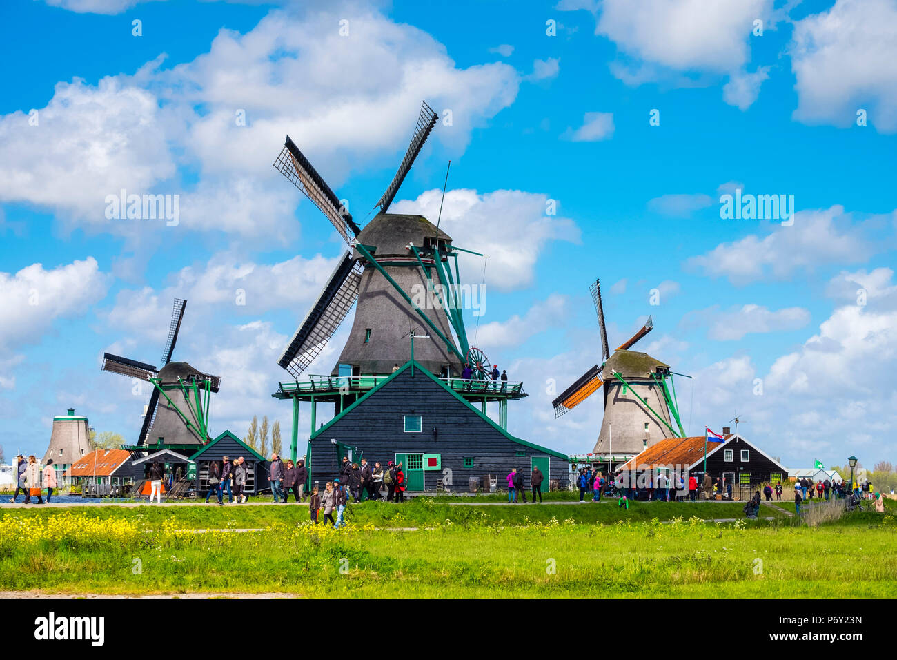 Netherlands, North Holland, Zaandam. Historic windmills and houses in the village of Zaanse Schans. Stock Photo