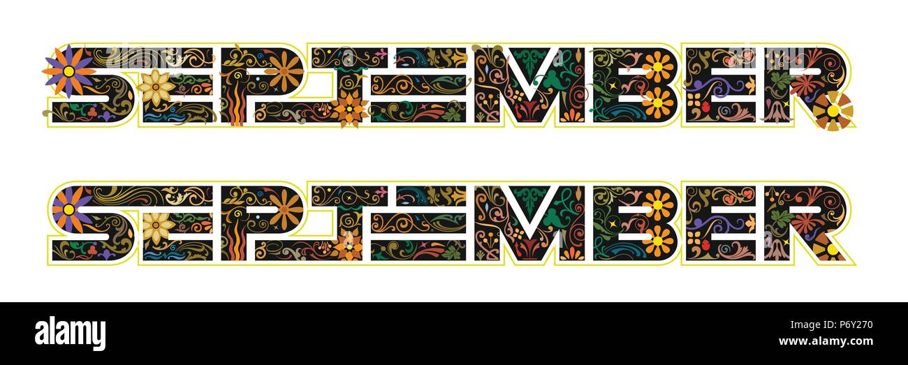 The word September, 9th month of the year, in black color decorated with flowers and leaves Stock Vector