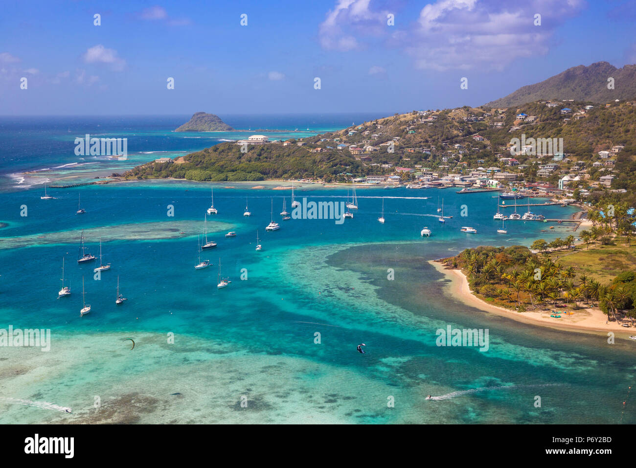 St Vincent and The Grenadines, Aerial view of Union Island, lookng towards Clifton harbour Stock Photo