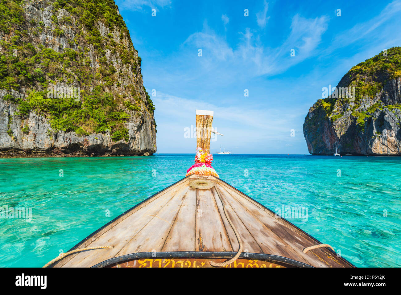 Ao Maya Beach (Maya Bay), Ko Phi Phi Leh, Krabi Province, Thailand. Wooden bow of a long tail