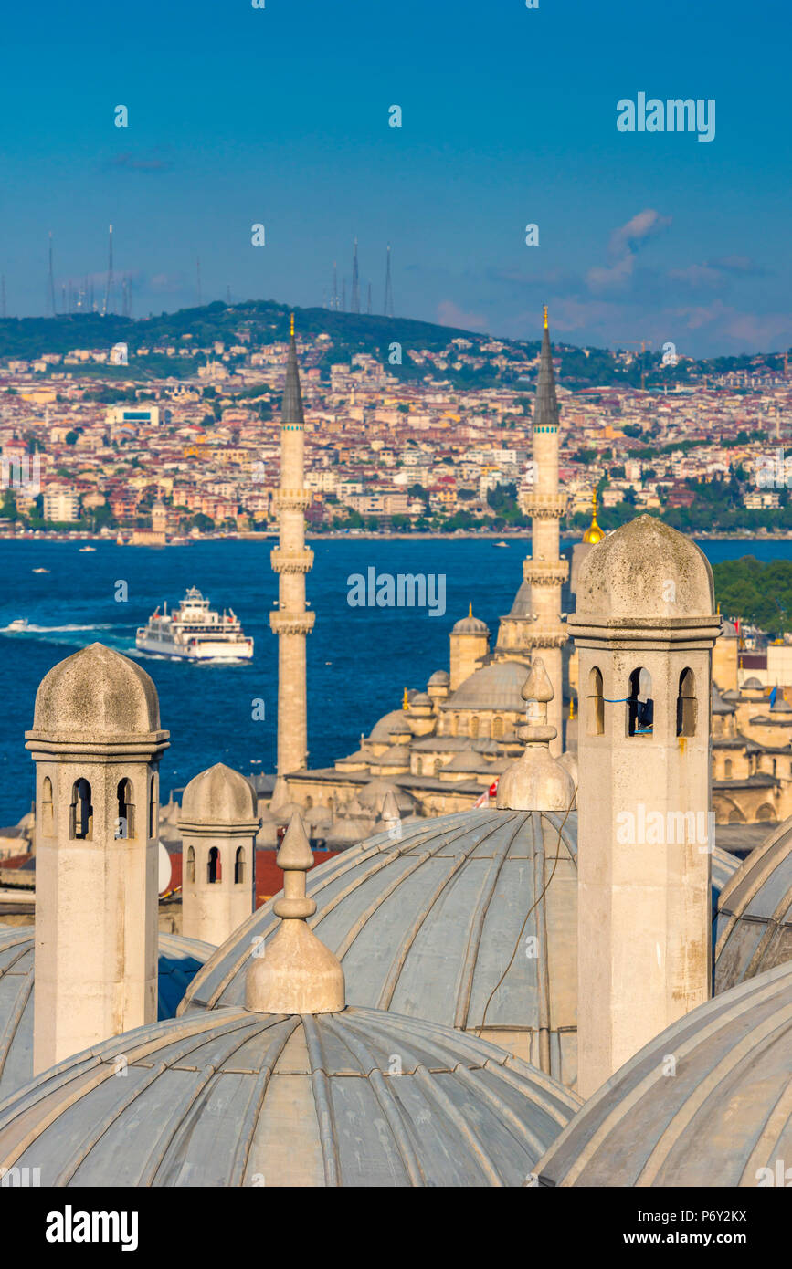Turkey, Istanbul, Sultanahmet , domes of the Suleymaniye Mosque (Suleymaniye Camii) complex with New Mosque (Yeni Camii) beyond Stock Photo