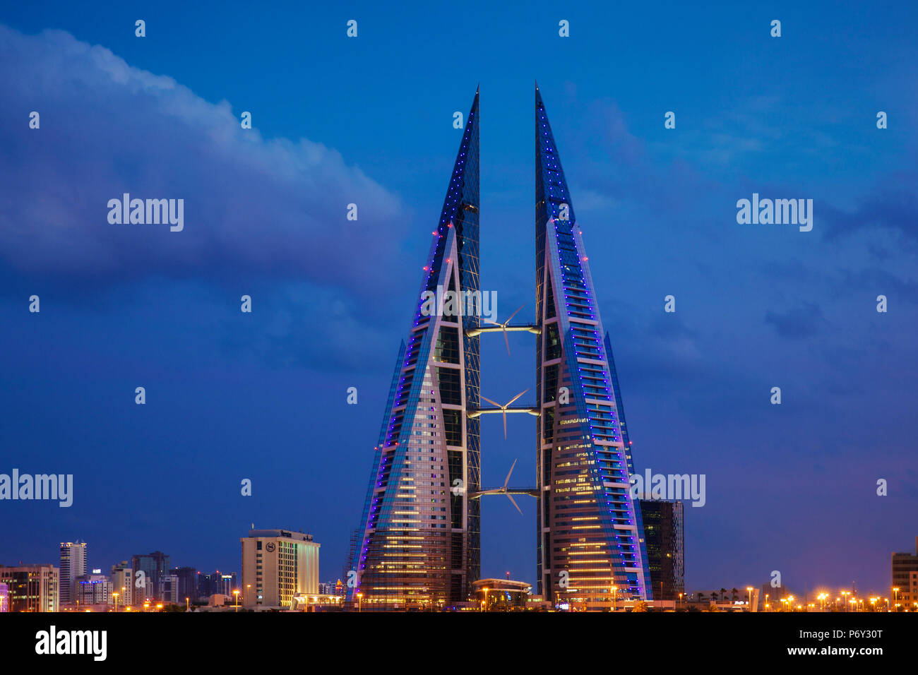 Bahrain, Manama, Bahrain Bay, Bahrain World Trade Center and city skyline Stock Photo