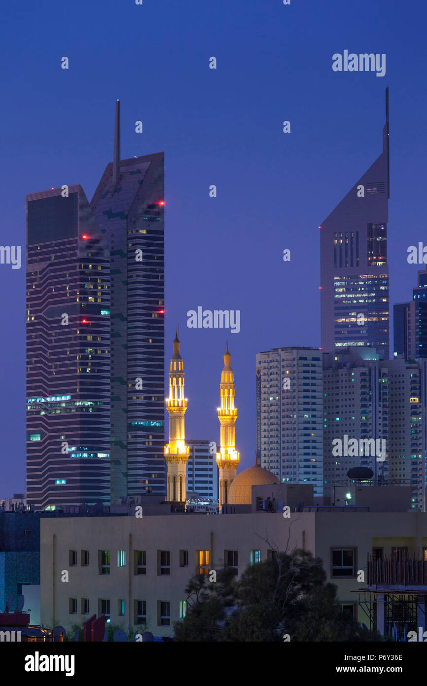 UAE, Dubai, Jumeira, skyscrapers along Sheikh Zayed Road, skyline from Jumeira, dawn Stock Photo