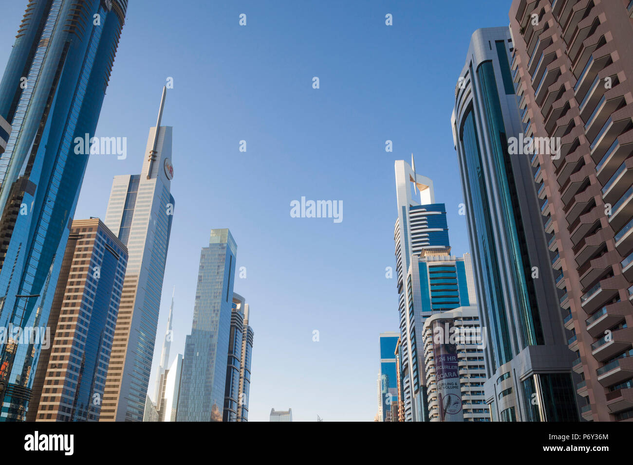 UAE, Dubai, Downtown Dubai, high rise buildings along Sheikh Zayed Road Stock Photo