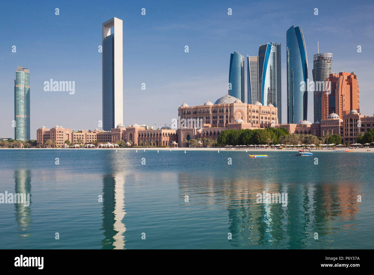 UAE, Abu Dhabi, skyline, Nations Towers, ADNOC Tower, Etihad Towers and Emirates Palace Hotel Stock Photo