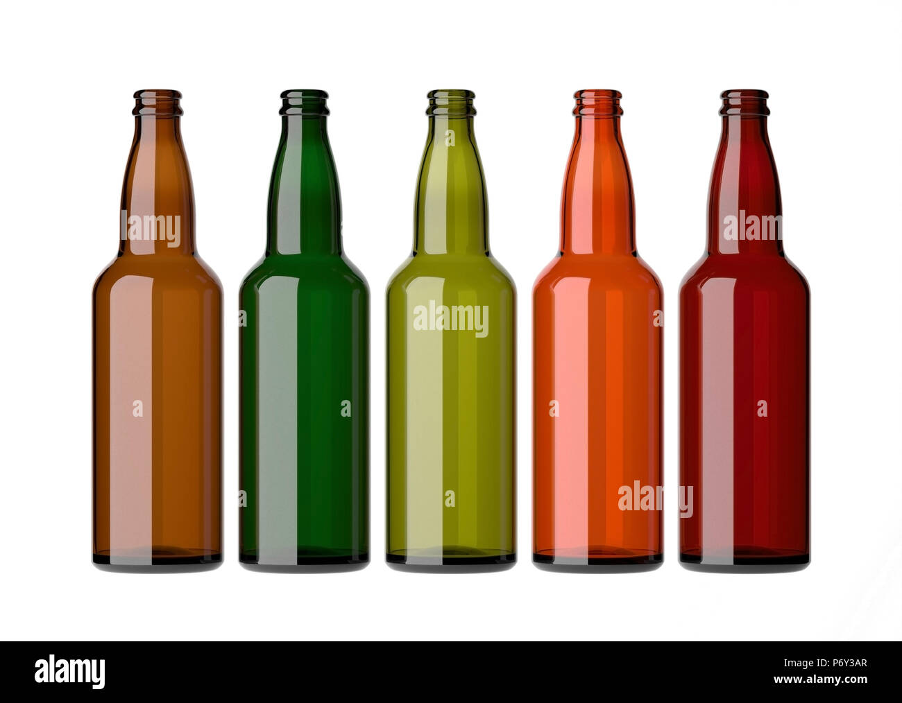 Empty beer bottles without caps, on a white background. Stock Photo