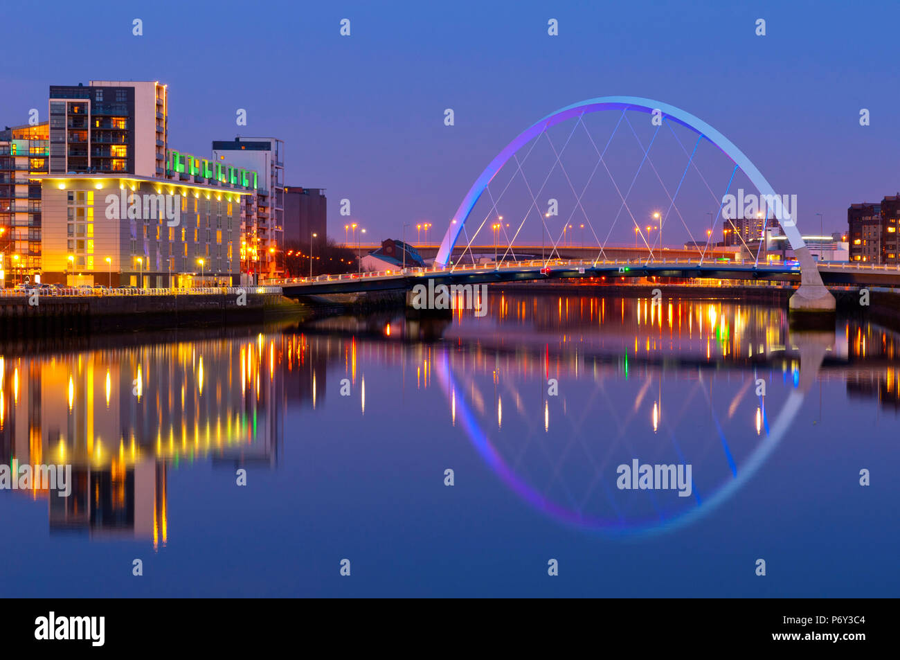 UK, Scotland, Glasgow, River Clyde and the Clyde Arc, nicknamed the Squinty Bridge Stock Photo