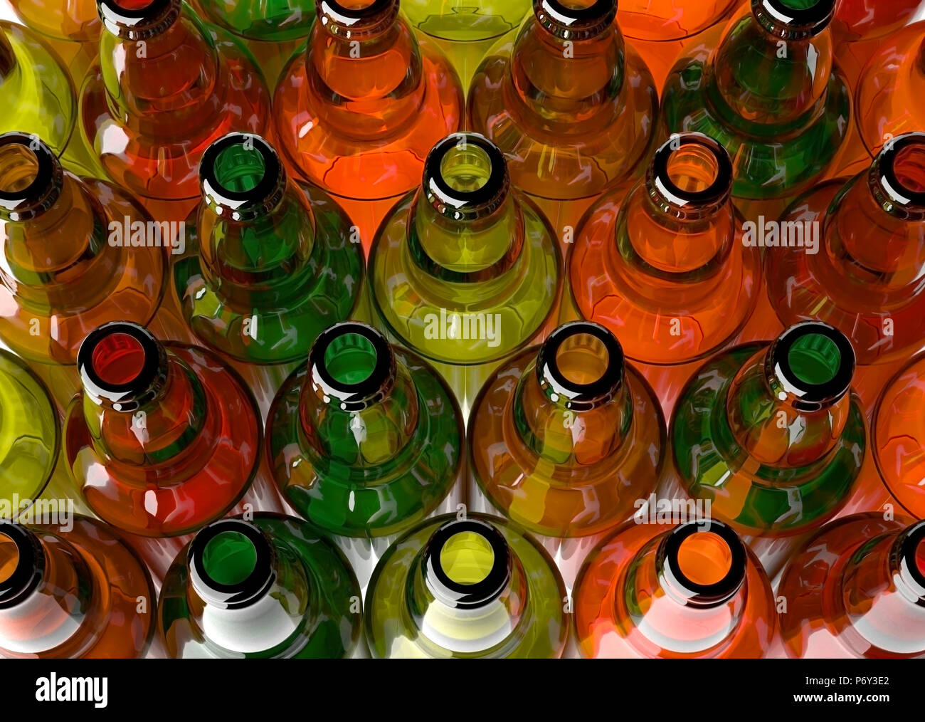 Empty beer bottles grouped, framed from above. Stock Photo