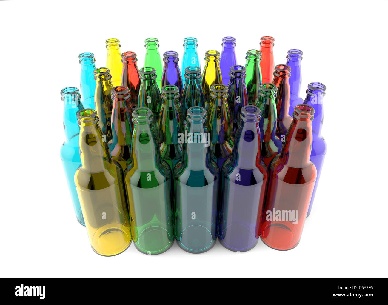 Bottles of colored glass empty grouped, isolated on white background. Stock Photo