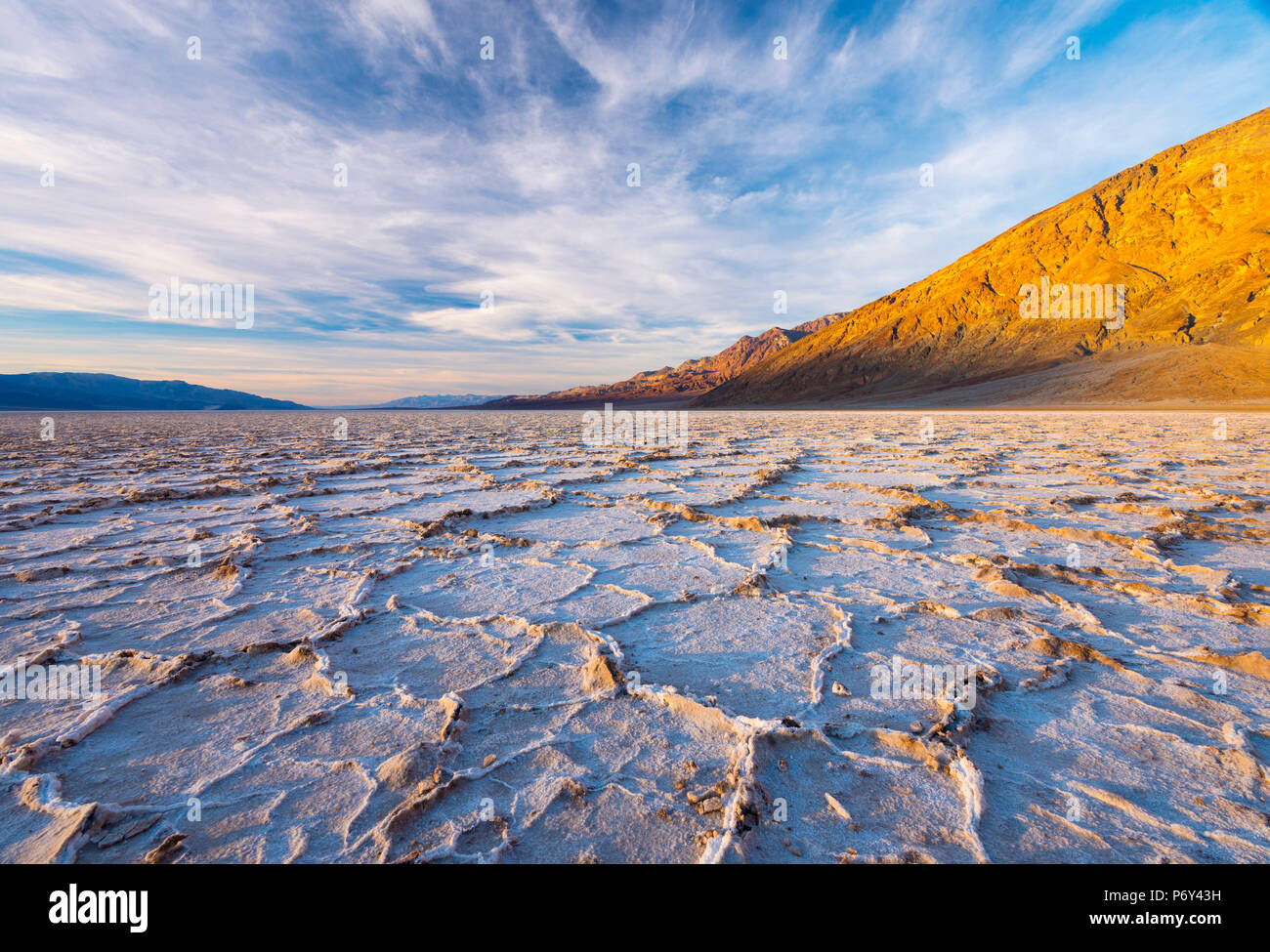 USA, California, Death Valley National Park, Badwater Basin, lowest point in North America, salt crust broken into hexagonal pressure ridges Stock Photo