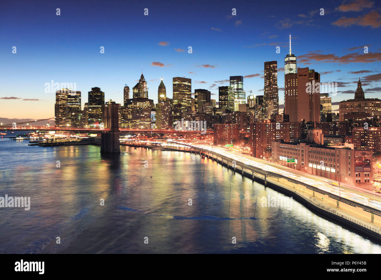 USA, New York, New York City, Lower Manhattan and Brookly Bridge Stock Photo