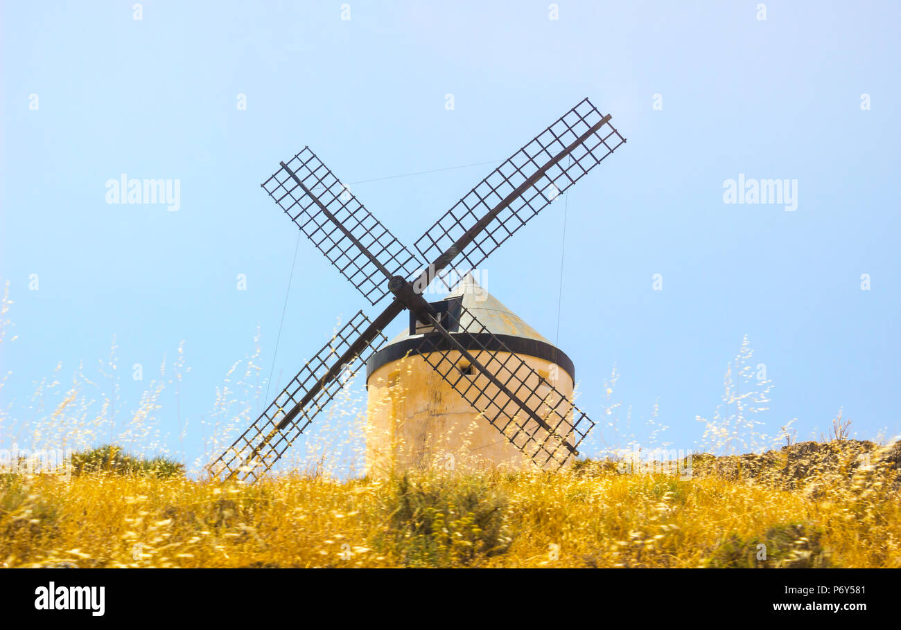 famous windmills in consuegra Spain bright summer sunny day / windmills
