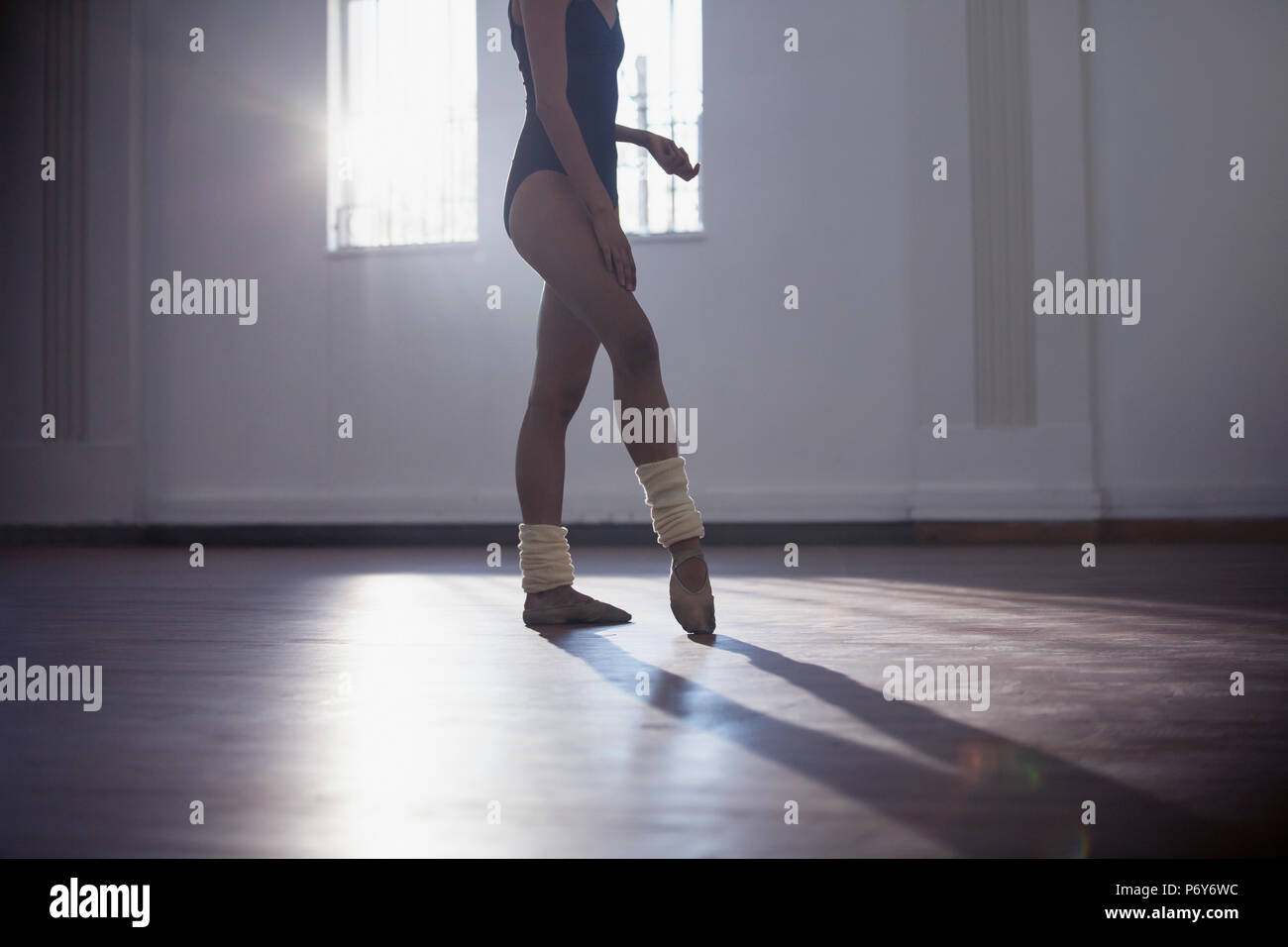 Graceful young female ballet dancer practicing in dance studio Stock Photo