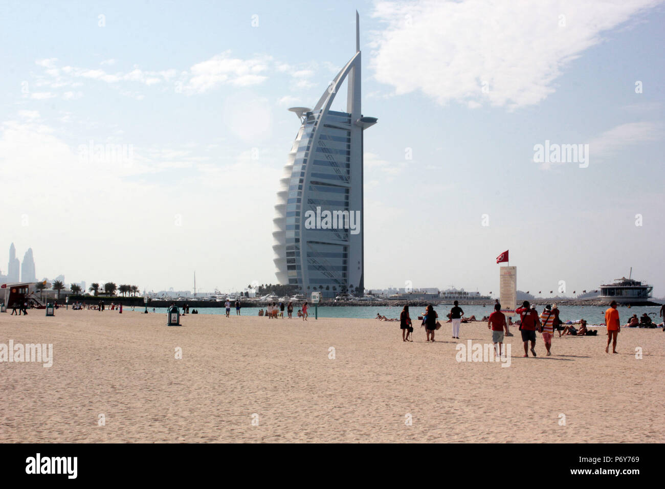 A side vie of the Dubai landmark, Burj Al Arab Hotel Stock Photo