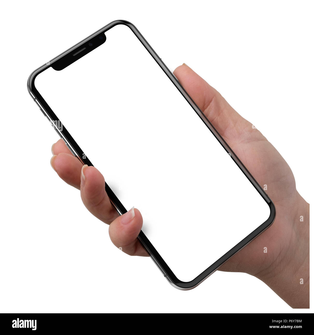 hands holding phone on a white background Stock Photo