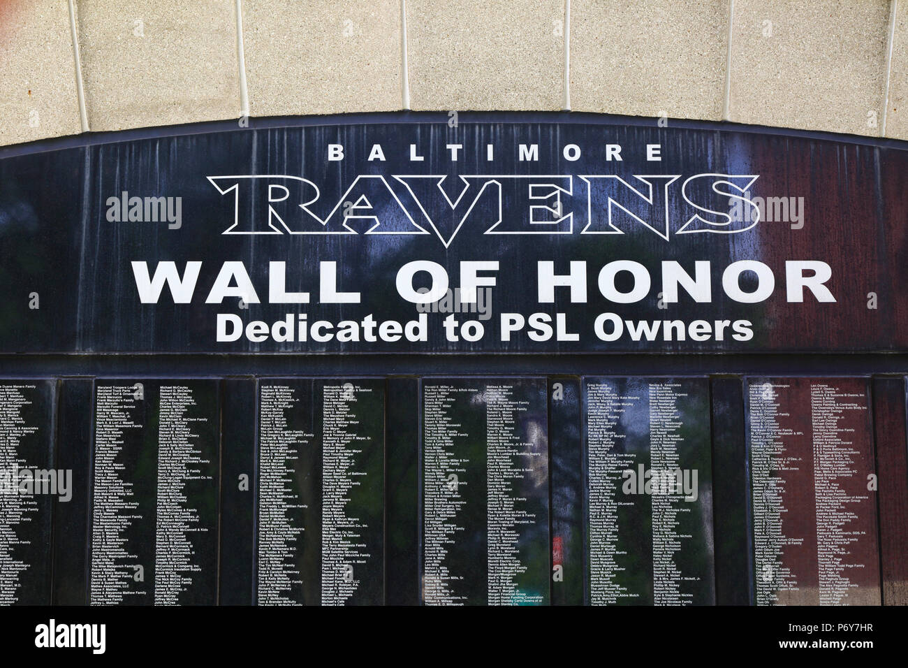 Baltimore Ravens American football team Wall of Honor outside M&T Bank Stadium, Camden Yards, Baltimore, Maryland, USA Stock Photo
