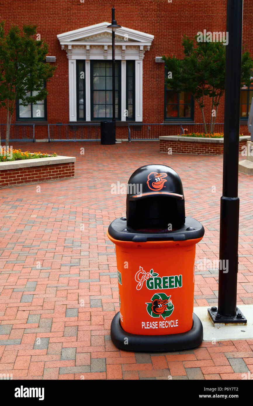 Trash can for recycling at Oriole Park with Baltimore Orioles team helmet and badge, Camden Yards, Baltimore, USA Stock Photo