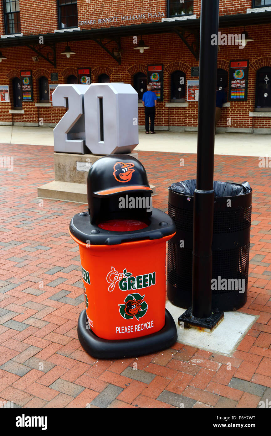 Trash can for recycling at Oriole Park with Baltimore Orioles team helmet and badge, Camden Yards, Baltimore, USA Stock Photo