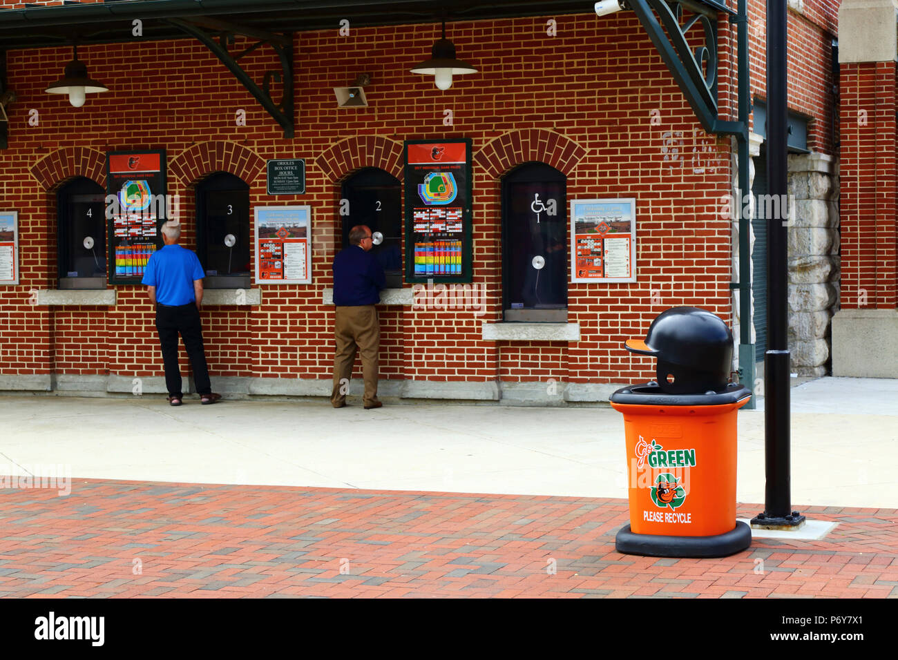 Trash can for recycling at Oriole Park with Baltimore Orioles team helmet, Camden Yards