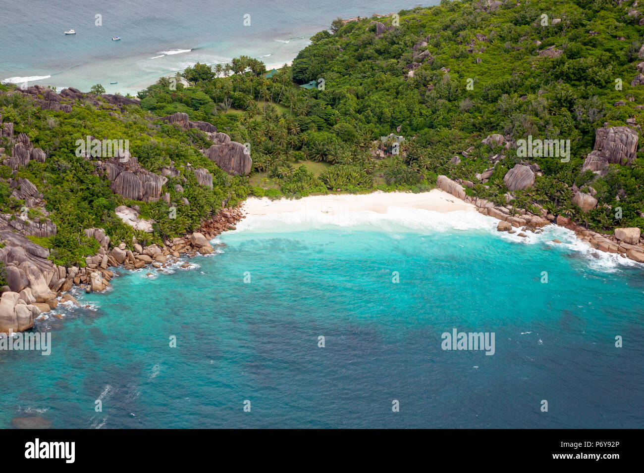 Aerial view of a sandy bay on the small island Grande Soeur, Seychelles