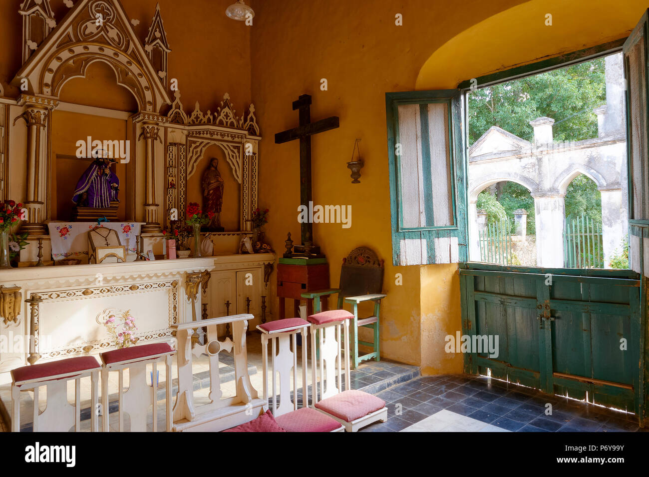 Chapel at Hacienda Yaxcopoil, a 17th century henequen plantation near Merida, Yucatan, Mexico, now a museum, guest house and events venue. Stock Photo