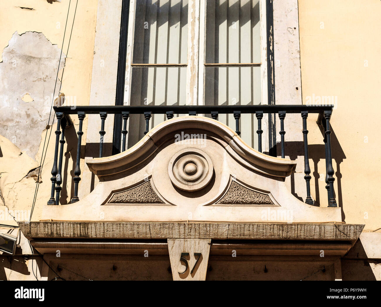 Art Deco balcony on an old building in the old city of Lisbon, Portugal Stock Photo