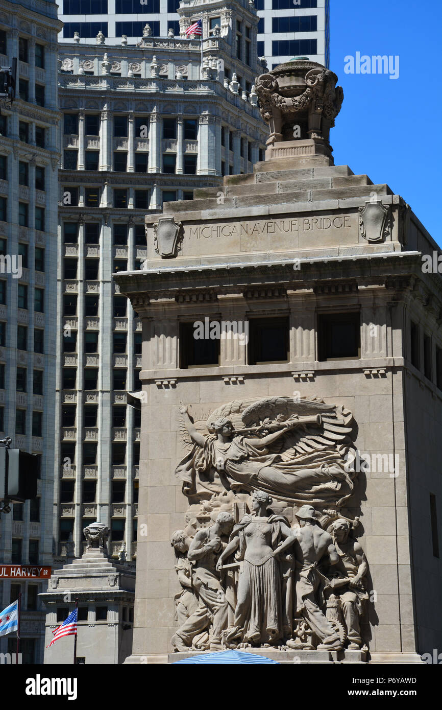 The Michigan Ave. bridge house on the SE corner features a relief called Regeneration commemorating the rebuilding of Chicago after the fire of 1871 Stock Photo