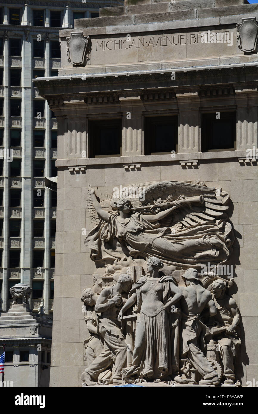 The Michigan Ave. bridge house on the SE corner features a relief called Regeneration commemorating the rebuilding of Chicago after the fire of 1871 Stock Photo