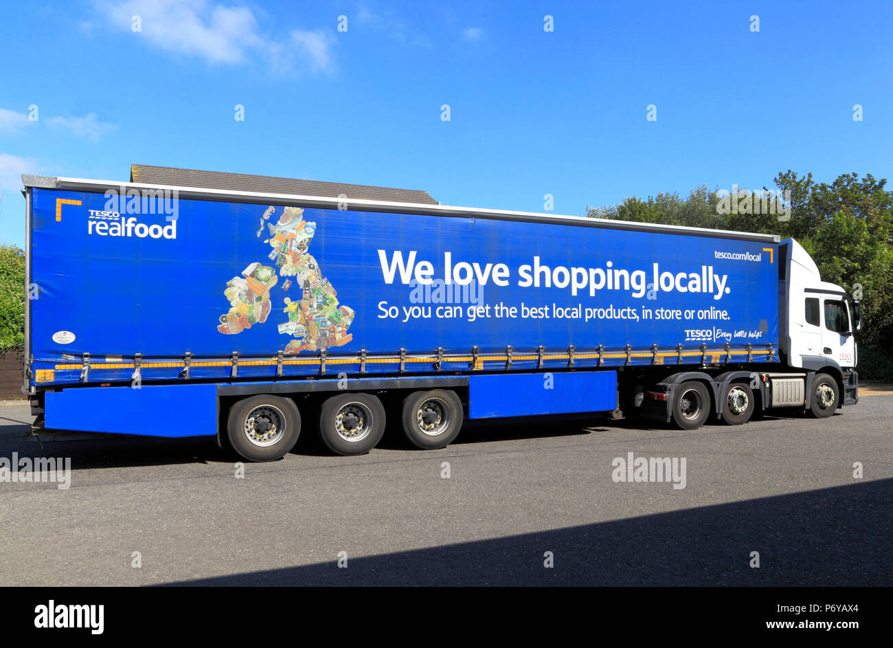 Tesco delivery truck, lorry, transporter, England, UK Stock Photo