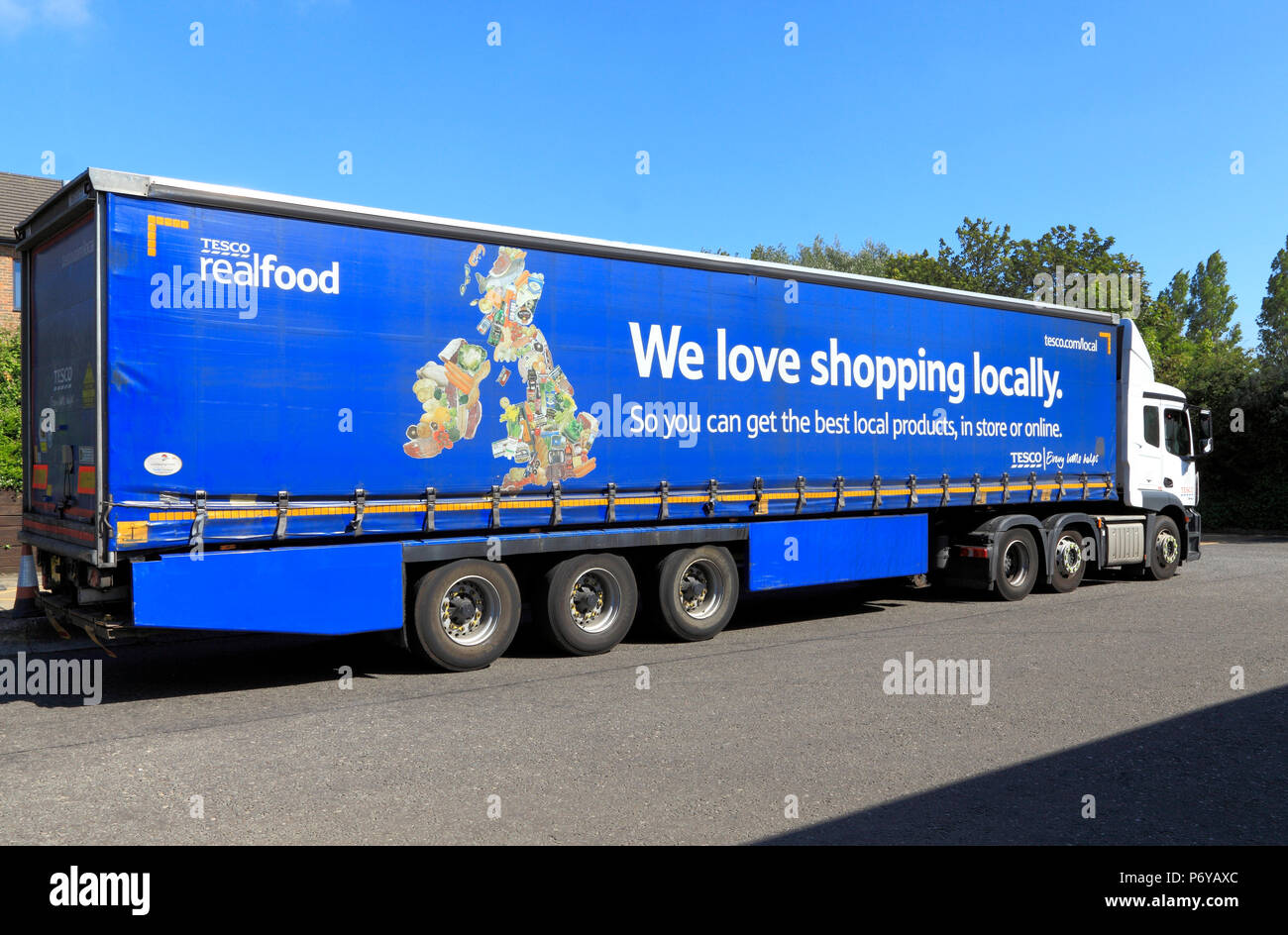 Tesco delivery truck, lorry, transporter, England, UK Stock Photo