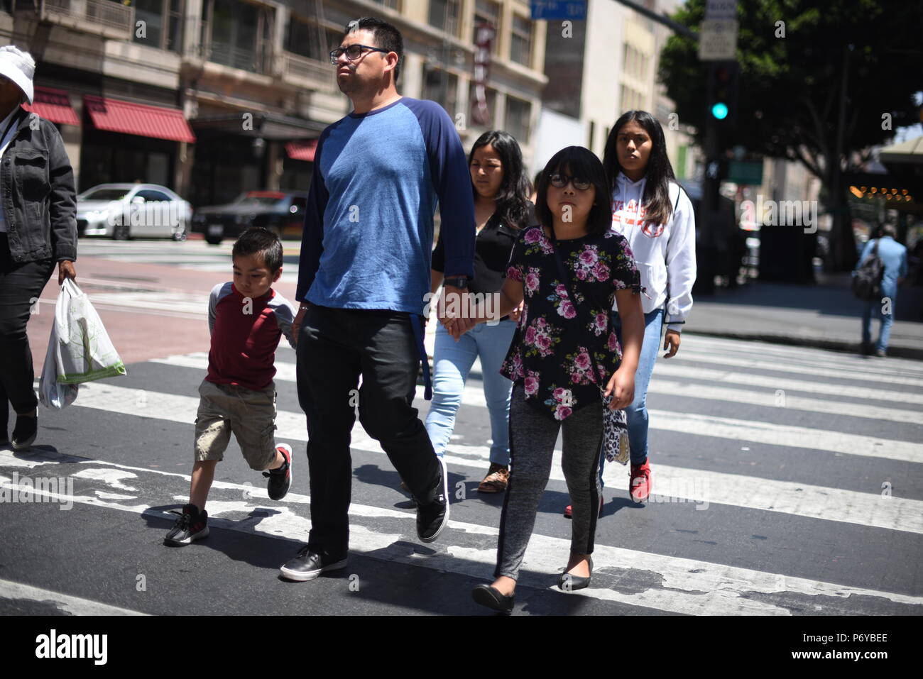 Los Angeles, USA - June 29: Unidentified random people in the streets of Downtown of Los Angeles, CA on June 29, 2018. Stock Photo