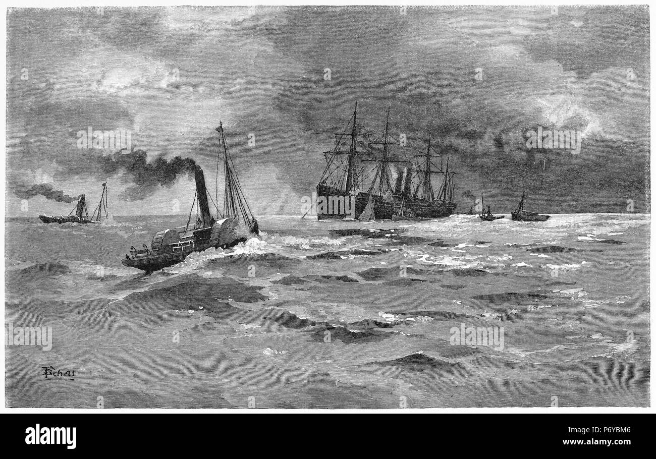 Engraving of a mail steameer off Glenelg in South Australia, circa 1880. From the Picturesque Atlas of Australasia Vol 2, 1886 Stock Photo