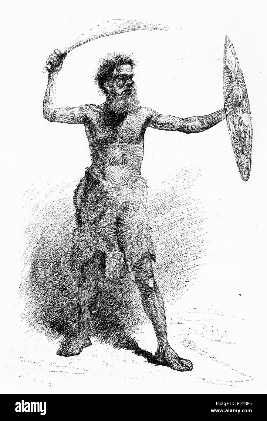 Engraving of an Aboriginal warrior armed with a club and a shield, Australia. From the Picturesque Atlas of Australasia Vol 3, 1886 Stock Photo
