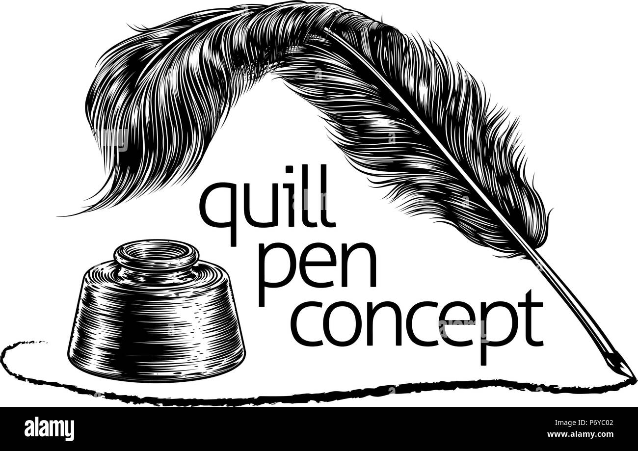 Feather Quill Ink Pen In Inkwell Stock Illustration - Download